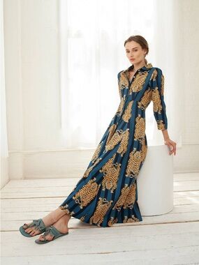 Guadalupe Luciana Tibet Tiger Print Blue Stripe Dress Size Large